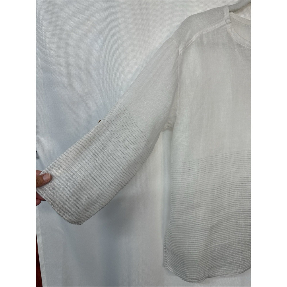 Eileen Fisher Linen Henley Blouse Top 3/4 Rolled Slv White Sheer Lightweight Art - Picture 5 of 14
